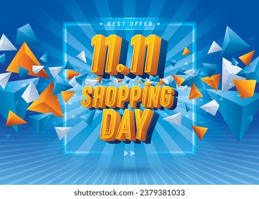 11.11 Shopping Day Sale Banner Template Design Sonderangebot Rabatt, Shopping Banner Kondensierte Schrift, Abstrakter Dreieck Verkauf Web Header Vorlage für Verkauf und Rabatt Labels. Verkaufsförderungspaket.