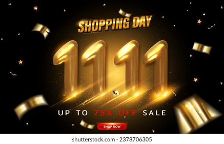 11.11 shopping day sale luxury banner background with 3D golden metallic symbolic design and glitter gold confetti. Global shopping world day. 11.11 Crazy sales online. Golden 3D numbers. Vector EPS10