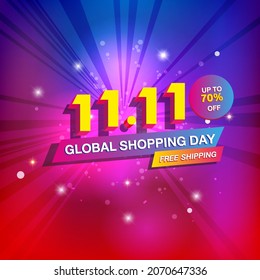 11.11 Shopping day sale poster or flyer design. Global shopping world day Sale on colorful background. 11.11 Crazy sales online.