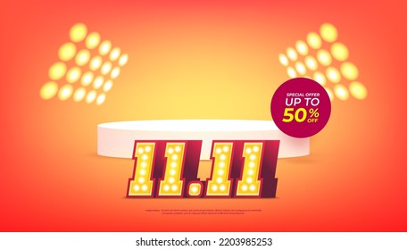 11.11 Shopping day sale poster or flyer design. Global shopping world day sale on colorful background. 11.11 Crazy sales online.