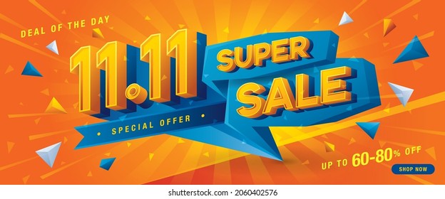 11.11 Shopping Day Super Sale Banner Template design special offer discount, Shopping banner template, Abstract blue Triangle Sale Web Header template design for Sale and discount promotion poster