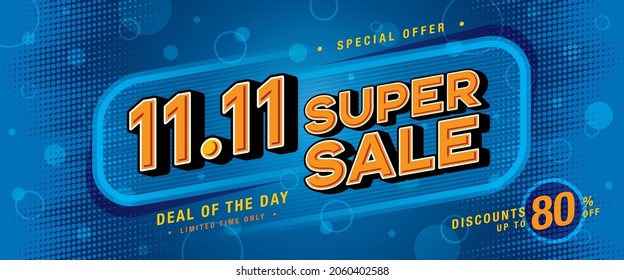 11.11 Shopping Day Super Sale Banner Template design special offer discount, Shopping blue banner template, Abstract Sale Web Header template for Sale and discount promotion poster. discount tag