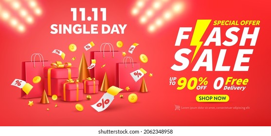 11.11 Single day and Flash Sale Shopping banner with gift box and shopping bag.11 november sales banner template design for social media and website.Single day Special Offer and Flash Sale campaign