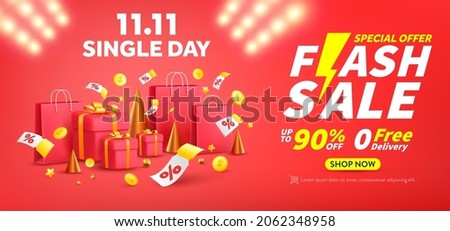 11.11 Single day and Flash Sale Shopping banner with gift box and shopping bag.11 november sales banner template design for social media and website.Single day Special Offer and Flash Sale campaign