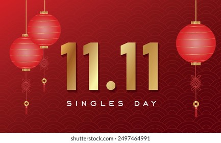 11.11 Singles day Chinese style, gifts, discounts, balloons, blue color, vector illustration