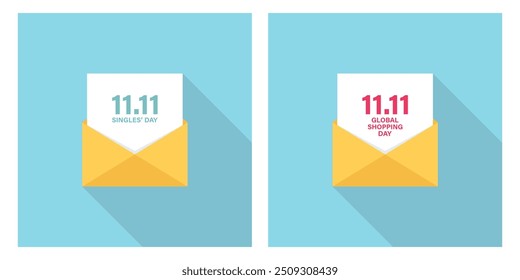 11.11 Singles Day and Global Shopping Day letter, email, sms or message. Set for sale promotion, discount shopping and advertising. Flat style vector Illustration.