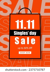 11.11 Singles' Day sale template vector illustration. Shopping bag poster