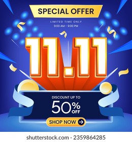 11.11 special offer banner with blue background, coin and ribbon. Use for social media and website. Discount up to 50% Off. Sale campaign or promotion.