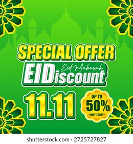 11.11 Oferta Especial Descuento Eid Hasta Un 50% De Descuento. Fondo islámico verde con silueta de mezquita. Anuncio de comercialización de Vector para la venta de vacaciones.