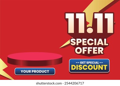 11.11 Special Offer sale banner with a red background, featuring a product display stage, lightning accents, and a ‘Get Special Discount’ button.