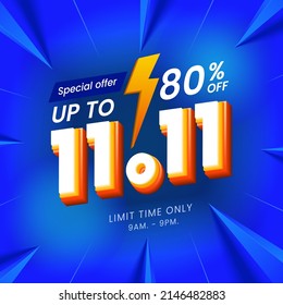11.11 special sale shopping day banner with blue background. Use for social media and website. Special Offer Sale 80% Off campaign or promotion.