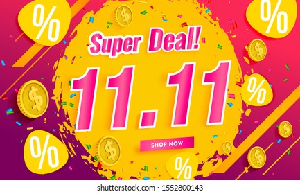 11.11 Super Deal shopping online day poster or flyer design. Banner template