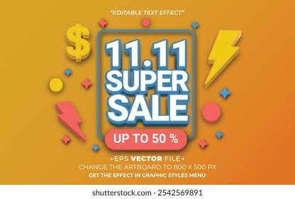 11.11 super sale promo text effect 3d colorful vector for social media sales or advertising