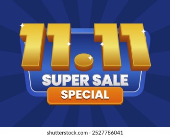 11.11 Super Sale Special banner with bold golden 3D text on a radiant blue background. Featuring eye-catching typography and vibrant colors for an exclusive promotion.