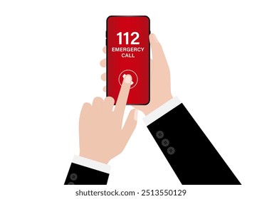 112 Emergency Call. Hand Holding Smartphone with 112 Emergency Call. Vector Illustration. 