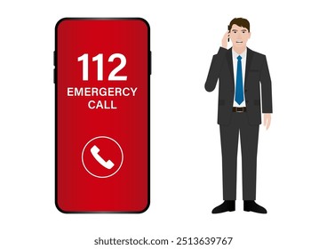 Chamada de Emergência 112. Homem Chamando 112. Ilustração de vetor.
