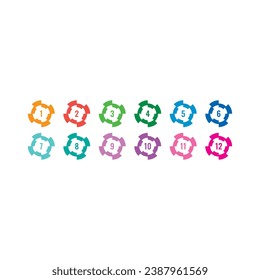 1-12 math numbers in colored cogs. 1-12 numbers for education