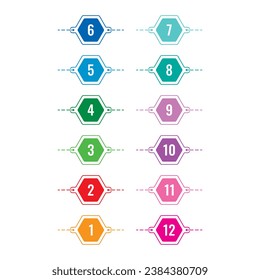 1-12 math numbers. 1-12 sequential numbers for education, business, university, academia. numbers 1-12 in colored hexagons