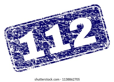 112 stamp seal print with grunge texture. Seal shape is a rounded rectangle with frame. Blue vector rubber print of 112 text with grunge texture.