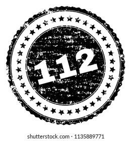 112 stamp seal watermark with distress style. Black vector rubber print of 112 tag with retro texture. Rubber seal imitation has round shape and contains stars.