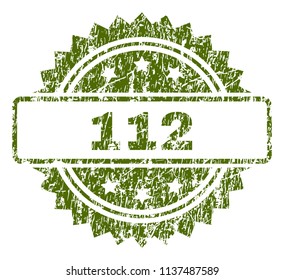 112 stamp seal watermark with rubber print style. Green vector rubber print of 112 caption with corroded texture.