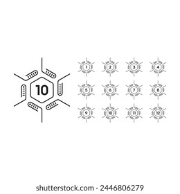 1-12 step numbers. numbers 1-12 in hexagon. numbers 1-12 concept for business, education, technology, science world