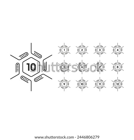 1-12 step numbers. numbers 1-12 in hexagon. numbers 1-12 concept for business, education, technology, science world