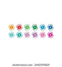 1-12 step numbers on white background. 1-12 step numbers for business, industry, technology, education world. Step numbers 1-12 in colored circles