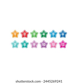1-12 step numbers on white background. Step numbers 1-12 for technology, education and business. Step numbers 1-12 in colorful stars