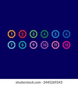 1-12 números de paso sobre fondo blanco. Números de paso 1-12 para tecnología, industria, educación y negocios. Números de paso 1-12 en llantas de colores
