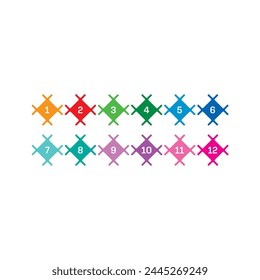 1-12 step numbers on white background. Step numbers 1-12 for industry, technology, education and business. Step numbers 1-12 in colored squares