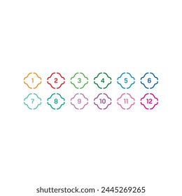 1-12 step numbers on white background. 1-12 step numbers for business, industry, technology, education world. Step numbers 1-12 in colored lines