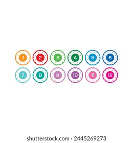 1-12 step numbers on white background. Step numbers 1-12 for industry, technology, education and business. Step numbers 1-12 in colored circles