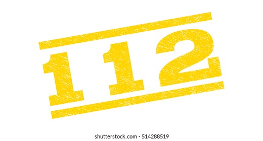 112 watermark stamp. Text caption between parallel lines with grunge design style. Rubber seal stamp with scratched texture. Vector yellow color ink imprint on a white background.