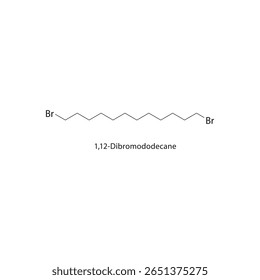 1,12-Dibromododecane skeletal structure. Halogenated alkane compound schematic illustration. Simple diagram, chemical formula.