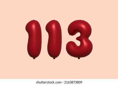 113 3d number balloon made of realistic metallic air balloon 3d rendering. 3D Red helium balloons for sale decoration Party Birthday, Celebrate anniversary, Wedding Holiday. Vector illustration