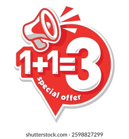 1+1=3. Buy 2 get 1 free sale message concept with megaphone in circle speech bubble. Vector on transparent background
