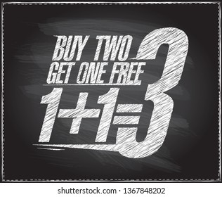 1+1=3 sale banner design, buy two get one free, school sale blackboard chalk poster concept