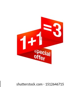 1+1=3 special offer banner element in creative ribbon decoration - sticker for seasonal sales and bonus program - isolated vector button