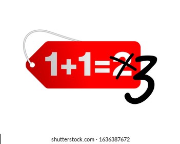 1+1=3 special offer sticker in price rope tag form 'Buy two and get Three' - isolated vector element