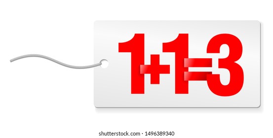 1+1=3 sticker for special offer «Buy two and get Three» in rope tag form - isolated vector element