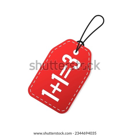 1+1=3 sticker for special offer «Buy two and get Three» in rope tag form - isolated vector element. Promotion special offer banner. Big sale - banner for marketing. Vector illustration
