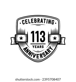 113 years anniversary celebration shield design template. 113th anniversary logo. Vector and illustration.