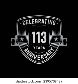 113 years anniversary celebration shield design template. 113th anniversary logo. Vector and illustration.