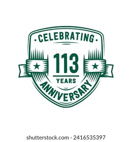 113 years anniversary celebration shield design template. 113th anniversary logo. Vector and illustration.