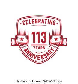 113 years anniversary celebration shield design template. 113th anniversary logo. Vector and illustration.