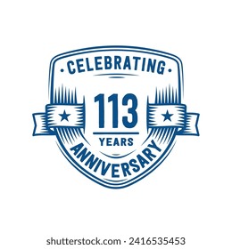 113 years anniversary celebration shield design template. 113th anniversary logo. Vector and illustration.