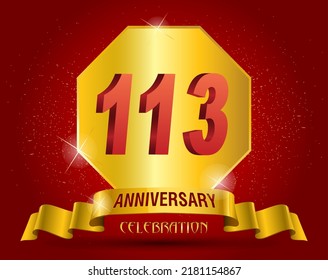  113 years anniversary logo template. Red numbers with golden ribbon.