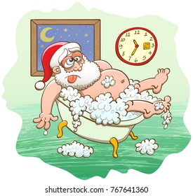 It's 11:35 on Dec. 25th on the clock and moon is up in the sky: Santa's world tour is over and he's exhausted. He keeps his hat, shows tired eyes and sticks his tongue out while taking a bubble bath