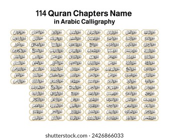 114 Quran chapters name in Arabic Calligraphy Quran surah calligraphy Surah Fatiha Surah Rahman Surah Baqarah